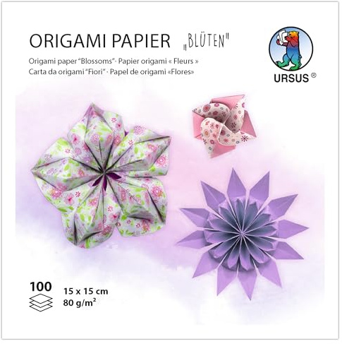 Ursus 2298 55 02 - Papel origami Flores, morado/rosa, 100 hojas, 80 g/m², 15 x 15 cm, 7 motivos surtidos, impreso por ambas caras, con instrucciones de plegado, bricolaje & decoración