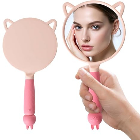 Alyxen Specchio a Mano con Comoda Maniglia, Specchio Portatile con Manico a mano, Specchi Cosmetico Forma Rotonda, Specchi Barbiere Parrucchiere per Trucco, Viaggi, Rasatura (Rosa)