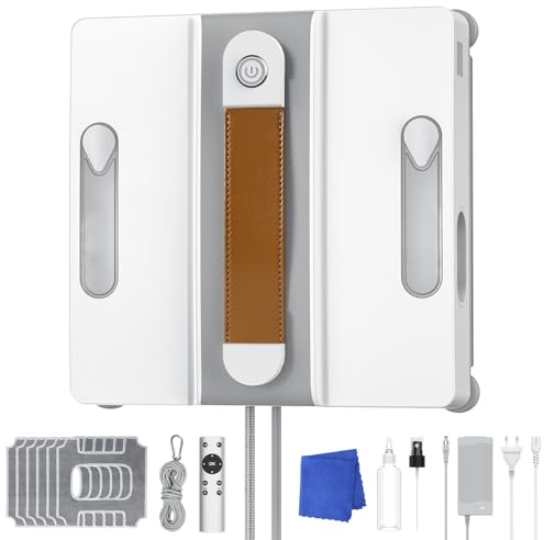 Robot Laveur de Vitre, 6000Pa Robot Nettoyeur de Vitres, 4 Buses avec Pulvérisation Ultrasonique, 3 Modes de Nettoyage, Détection Intelligente des Bords, Télécommande et 6 Chiffons de Nettoyage