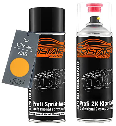 TRISTARcolor Autolack 2K Spraydosen Set für Citroen KAS Sport Yellow Basislack 2 Komponenten Klarlack Sprühdose