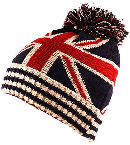 Itzu Union Jack stickad vinter mössa hatt Bobble Pom Pom i marinblå röd kräm