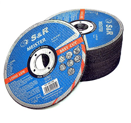 S&R Trennscheiben für Metall, Stahl 125 x 2,0 x 22,23 mm, A30 S-BF, 25 tlg Set, Hochleistungs-Elektrokorund Korn, 2-fach Fiberglas-Verstärkung, zertifizierte Profi Flexscheiben für Winkelschleifer