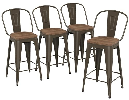 Yongqiang 30 inch Bar Stools Set of 4, Metal Bar Height Barstools with High Back Large Seat Modern Farmhouse Kitchen Bar Chairs Rusty