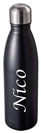 Schmalz® Edelstahl Trinkflasche NIZZA 500ml doppelwandig Sportflasche Thermosflasche BPA-Frei Vakuum auslaufsicher mit Namen Lasergravur Kinder Schule Sport Outdoor Fitness Camp (schwarz, mit Gravur)