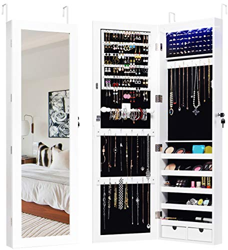COSTWAY Schmuckschrank mit 15 LED Leuchten, Spiegelschrank mit Tür- und Wandmontage, Schmuckkasten mit Ganzkörperspiegel, Schmuckregal für Ringe, Kettenhaken und Ohrringe, inkl.2 Schlüssel (Beige)