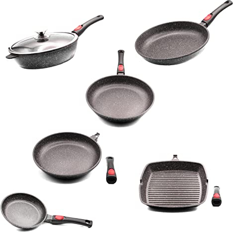 PRADEL LUXE, lot de poêles 20/24/28/30 cm, sauteuse et grill 28 cm, tous feux dont induction, manche amovible.