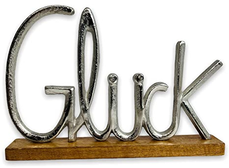 BUSDUGA 2931 Aufsteller GLÜCK auf Mangoholz Sockel 40x29cm Aluminium Schriftzug