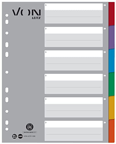 VON Leitz 10er Pack 6-teiliges Register A4, Blanko Trennblätter für Ordner, Extra breit, 100 % Recycling-Karton, 11-Loch-Universalregister für Hefter & Ringbücher, Mehrfarbig, 12950000