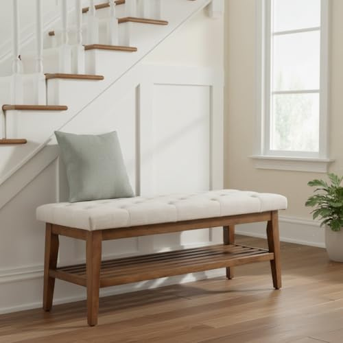 HUIMO Entryway Shoe Bench, End of Bed Bench,Upholstered Button-Tufted Bench for Kitchen, Fabric Ottoman Bench for Living Room, Padded Bench with Solid Wood Shelf Beige