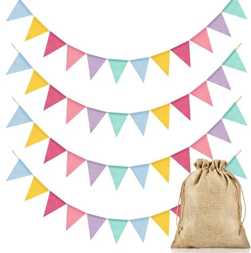 Alintor Bunting Outdoor Waterproof, Ve Day Bunting, 48 Flags Bunting Banner, Pastel Bunting, Imitated Linen Flags for Birthday, Garden, Party, Mothers Day, Spring decorations