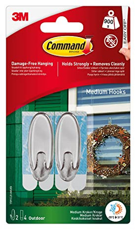 Command Clear Medium Hooks, 2 Hooks + 4 Adhesive Strips - Outdoor Use - Transparent - Adhesive Hooks for Hanging Christmas Decorations Damage free