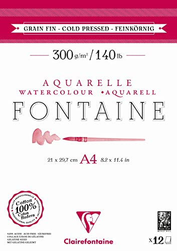 Clairefontaine 975947C - Bloc Encollé 2 Côtés Fontaine - 12 Feuilles Papier Aquarelle Blanc 100% Coton Grain Fin Qualité Professionnelle A4 21x29,7 cm 300g