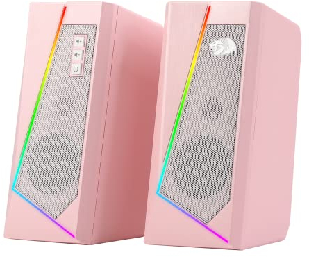 Redragon GS520 RGB Desktop-Lautsprecher, 2.0-Kanal PC-Stereo-Lautsprecher mit 6 bunten LED-Modi, verbessertem Klang und leicht zugänglicher Lautstärkeregelung, USB-Anschluss mit 3,5-mm-Kabel, rosa