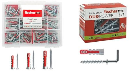 Fischer KIT DUOPOWER, Tassello universale 6 x 30 mm, 160 pezzi, Valigetta con Vite Assortite & Tasselli Duopower con Gancio Medio, grigio/rosso, per Muro pieno