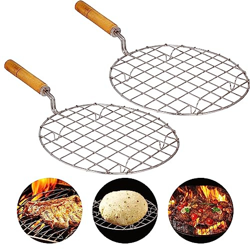 Cooling Rack, Stainless Steel Multi-Use Wooden Handle Round Wire Steaming Cooling and Baking Barbecue Rack, Grill Round Shape with Wooden Handle Roasting Pan