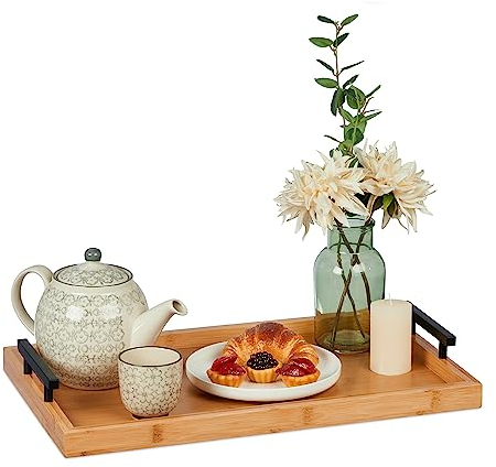 Relaxdays Tablett Bambus, HBT: 7 x 50 x 30 cm, Serviertablett mit Griffen, hoher Rand, Küchentablett rechteckig, Natur