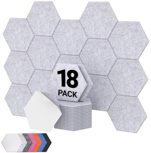 TONOR 18-pack Sexkantiga Akustikpanel, 30×26×1 cm Självhäftande Akustiska Paneler, Hög Densitet Ljudabsorbent Hexagon Ljudisolering för Studio/ Kontor/Sovrum/Vardagsrum, Ljusgrå