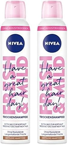 NIVEA Trockenshampoo Fresh & Mild (200 ml), extra mildes Trockenshampoo Spray für mittlere Haartöne mit angenehmem Duft, Trockenhaarshampoo für sofortige Frische (Packung mit 2)