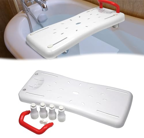 HENGMEI Tavola Vasca da Bagno per Anziani, Tavoletta da Bagno Ausilio per L'accesso Alla Vasca, Sedile in Plastica Regolabile per Adulti con Portasapone e Maniglione, Maniglia Rossa