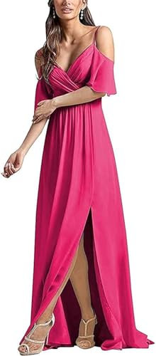 HPPEE Vestido de dama de honor con tirantes delgados para boda con cuello en V de gasa formal vestido largo de noche con abertura WYX499, fucsia, 36
