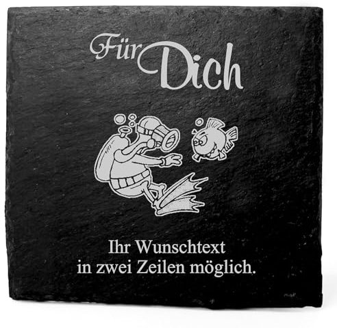 Deko Schiefer Untersetzer personalisiert Taucher mit Fisch - Für Dich - 11x11cm Schwarz Bierdeckel Tischdeko Bieruntersetzer Weinuntersetzer