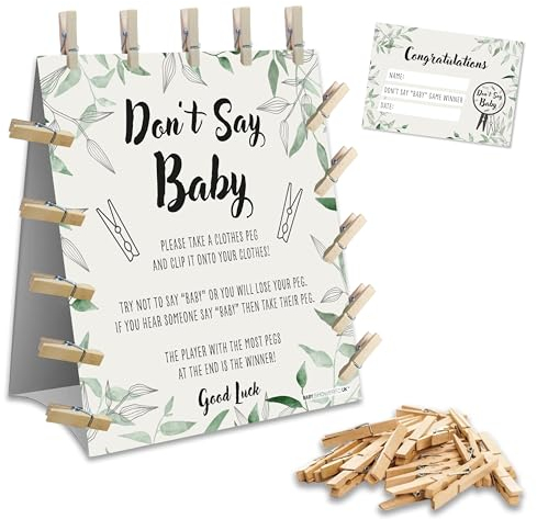 Baby Shower Games – DON’T SAY BABY – 20 Players | Clothes Peg Baby Shower game | Table Decoration | Winner Prize included for boy, girl, neutral/unisex baby shower party | Gender Reveal