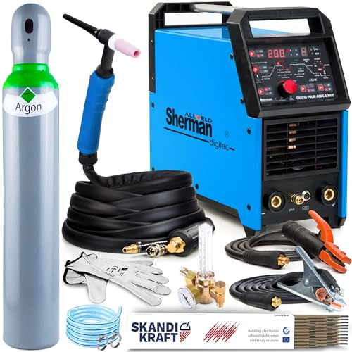 ALLWELD Sherman DIGITIG 200 GD AC/DC Puls - 200A WIG Schweißgerät AC DC mit HF-Zündung und Preflow & Postflow - Kombi Inverter Schweißgerät für Aluminium - MMA - Set:Professional