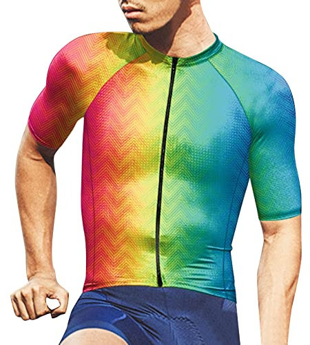 Regenbogen Herren Radtrikot Fahrradtrikot Kurzarm, Halbem Reißverschluss MTB Mountainbike Trikots T Shirt Fahrradbekleidung Männer Jersey Atmungsaktive Sommer Bunte Sport Tops