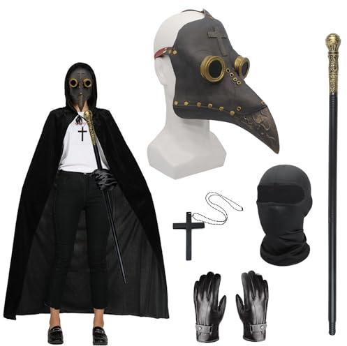 Set di costumi per Halloween e cosplay, maschera steampunk dal naso lungo con becco di uccello, mantello nero con cappuccio, collana a croce, guanti in pelle, bastone, maschera integrale per