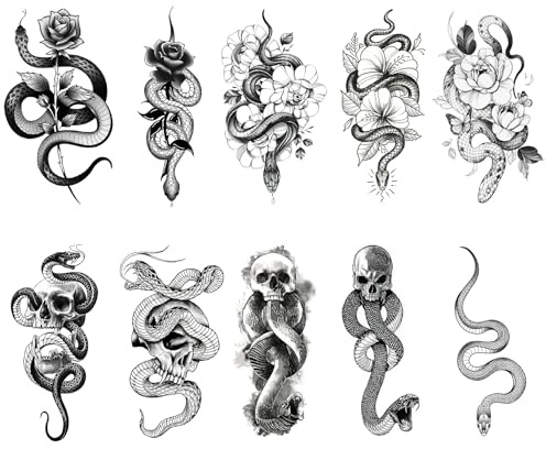 10 Blätte Realistisch Schlange Temporäre Tattoos Männer Damen Klebetattoos Erwachsenee SchlangeFake Tattoos Wasserdicht Aufkleber 3D Aufkleber Tätowierung Deko Halloween Partys Kostümzubehör