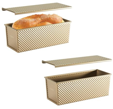 CURTA Commercial Pullman Loaf Pan with Lid 2.2 lb Dough Capacity Non-Stick Bakeware for Baking Bread Corrugated Bread Toast Box Mold extra large loaf pan Champagne Gold 2pcs