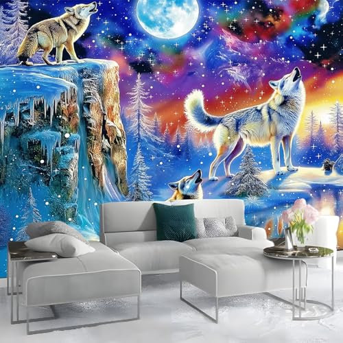 Tapete 3D Effekt Drei heulende Wölfe auf Berg Fototapete Wohnzimmer 400 x 280 cm Vlies Tapeten Wandtapete Moderne Wand Dekoration Wohnzimmer Schlafzimmer Büro Flur Blau