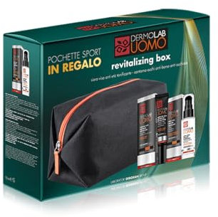 Dermolab Uomo - Revitalizing Box con Siero Viso Antietà 30 ml, con Caffeina, Azione Illuminante, e Crema Contorno Occhi 15 ml, Anti-Borse e Occhiaie, con Aloe Vera per Ridurre le Rughe, Pochette