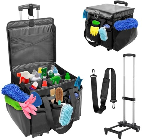 WKALEOBAG Rolling Cleaning Bag with Detachable Trolley,Household Cleaning Supply Organizer,Cleaning Carts On Wheels Easy-to-Clean, Heavy-Duty Fabrics(Black)
