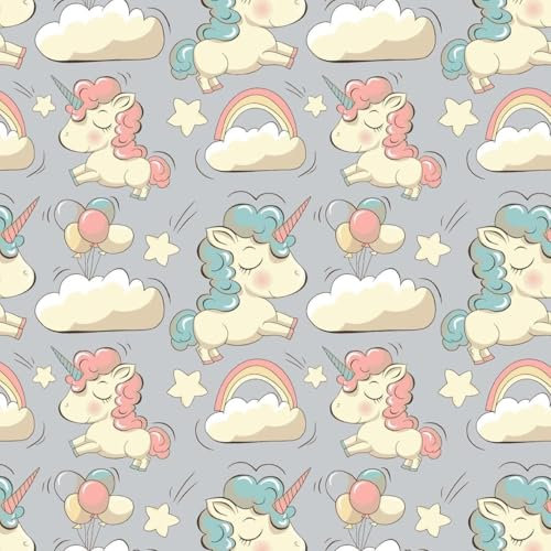 Fabreco Flanell Kinderstoff Meterware – 1M x 160cm - Karo, Baumwollstoff, 1lfm, Stoffbreite 160cm - Einhorn mit einer Wolke Graue-Farbe