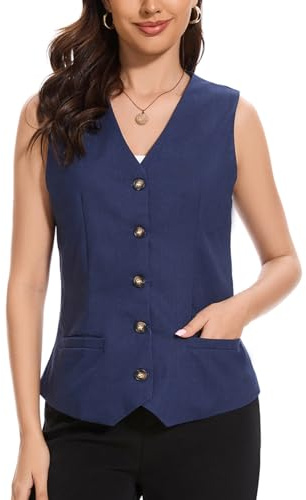 YOUNIFIZ Damen-Leinenweste, leicht, bauchfrei, V-Ausschnitt, Tasche, Knopf, Arbeit, Freizeit, ärmellos, Leinenweste, marineblau, XL