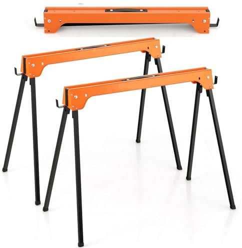 HOMFME Folding Saw Horse Twin Pack, Heavy Duty Metal Work Trestle Stands with Handle and Non-Slip Footpads, Portable Lightweight Workbench Sawhorse Pair, 454 kg Load Capacity (Orange)