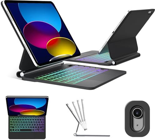 FOGARI Clavier pour iPad A16 11'' 2025/iPad 10 ème Génération (2022) - AZERTY Français avec Pavé Tactile, Fixation Magnétique, Rétroéclairage 7 Couleurs, Coque Clavier Ultra-Fine, Noir