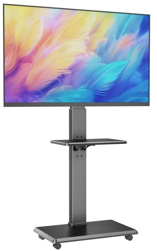 Rolling TV Stand, Mobile TV Cart for 32-75 Inch TVs up to 110 lbs, 18 Adjustable Heights, TV Floor Stand with Swivel Mount & Shelf, Max VESA 600x400mm, TV Stand on Wheels for Bedroom, Office, Outdoor