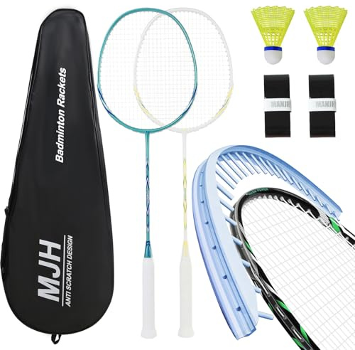 MANJHONG Badminton Set mit 2 Federball Schläger - Graphit Schaft & Kratzfestes Rahmendesign - Incl. Bälle, Griffband & Tasche (Blau+Weiß)