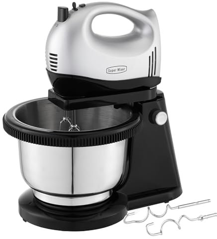 Hand and Stand Mixer Electric Set for Baking, Lightweight Mixer with Stainless Steel Bowl, 5 Speed 300W Motor with Turbo Function, 2 Beaters, 2 Hooks. Silver, Eject Easily, S3A