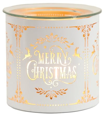 Woodbridge Teelicht Duftlampe | Merry Christmas White & Gold | Aromalampe für Duftwachs | Deko Duftöl Lampe | Stimmungsvolle Raumduft Lampe | Geschenkidee Weihnachten | Geschenkidee Weihnachten