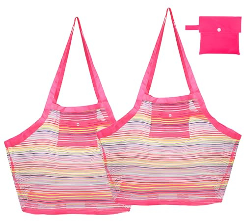2 Stück Strandspielzeug Tasche Faltbare XXL, Sandspielzeug Netztasche, Leicht Mesh Beach Bag, Sandspielzeug Tasche mit Verstärktem Netze für Familie Urlaub, Strand, Schwimmbad, Wäschesack, Rosa