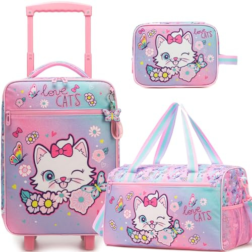 HTgroce 3 teiliges Kinderkoffer, Kindertrolley mit Reisetasche Kinder, Kulturbeutel Reise, Handgepäckkoffer Reisekoffer für Mädchen