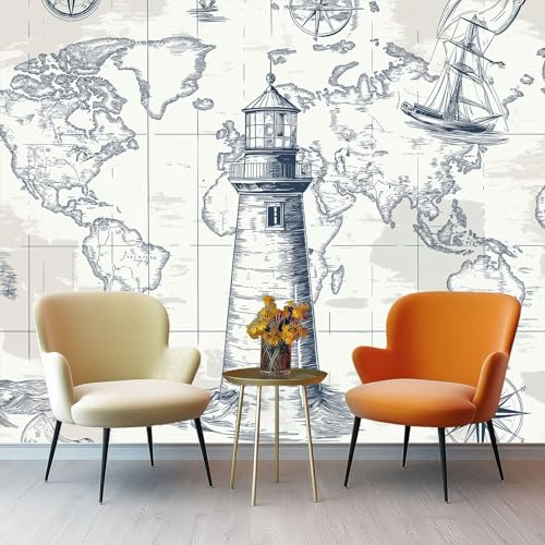 Générique Papier peint panoramique 350 x 256 cm géant murale, Carte Marine Vintage Thème Papier Peint intissé, Gris Clair Phare Design mural décoration pour chambre d'enfant bureau salon