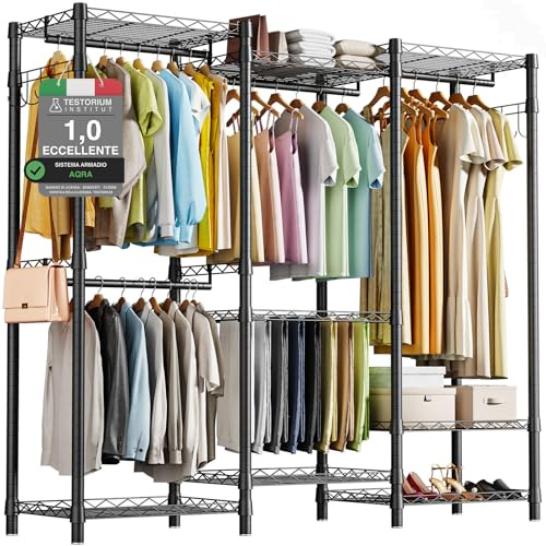 AQRA Offener Kleiderschrank aus Metall, Schwerlast Kleiderständer | 4 Montagevarianten; Höhenverstellbare Ebenen; Stabiler Metallrahmen; Maße 172×194×38cm, Einfache Montage ohne Werkzeug
