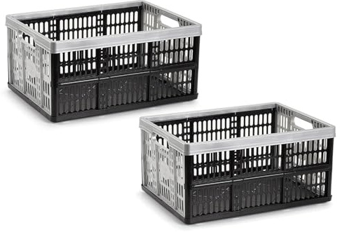 Meberg PF1190212 Lot de 2 caisses pliantes en plastique noir gris 48 cm Capacité de charge 18 kg Boîte de rangement empilable Boîte de rangement Boîte de transport pliable Panier à provisions Boîte de