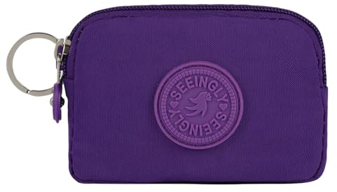 HYJMA Small Wallet for Women Men, Nylon Coin Purse with Zipper and Keychain, Portable Change Holder for Cash, Cards, Keys (Bright Purple)