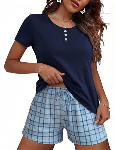 Jahetuul Pyjama Femme en Coton 2 Pièces Court Manches Courtes Col Rond | Coton doux, manches courtes, col rond, poches pratiques, ouverture boutonnée pour la nuit, la détente.