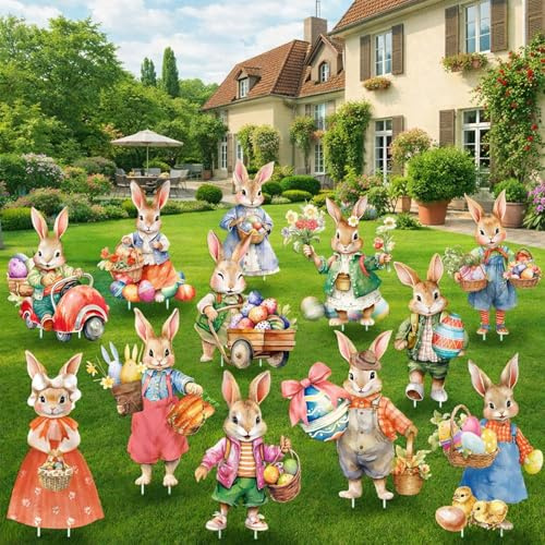 GoTilo Osterdeko Garten Osterhasen Gartenstecker 12 Stück wetterfest – Gartenstecker Ostern Outdoor, Gartendeko draußen für Rasen, Vorgarten und Weg, Frühlingsdeko Garten, ca. 35 cm